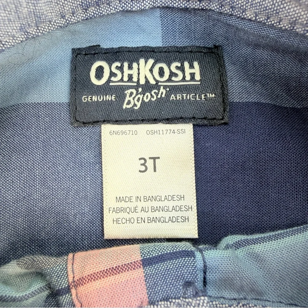 OshKosh‎ Toddler Boy 3T Plaid Button Up Shirt Blue Pink Short Sleeve